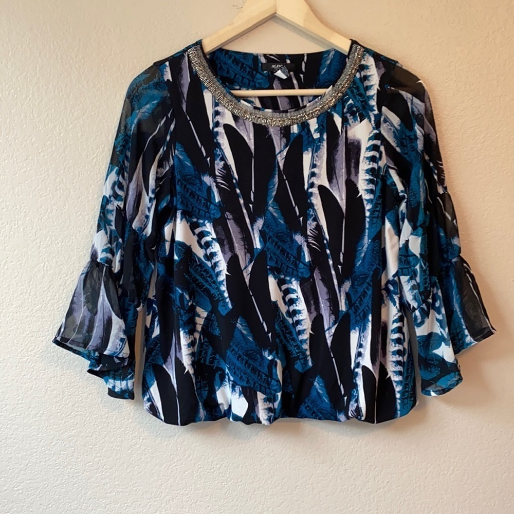 Alfani Teal Feathered Blouse sz S Petite - Picture 1 of 8